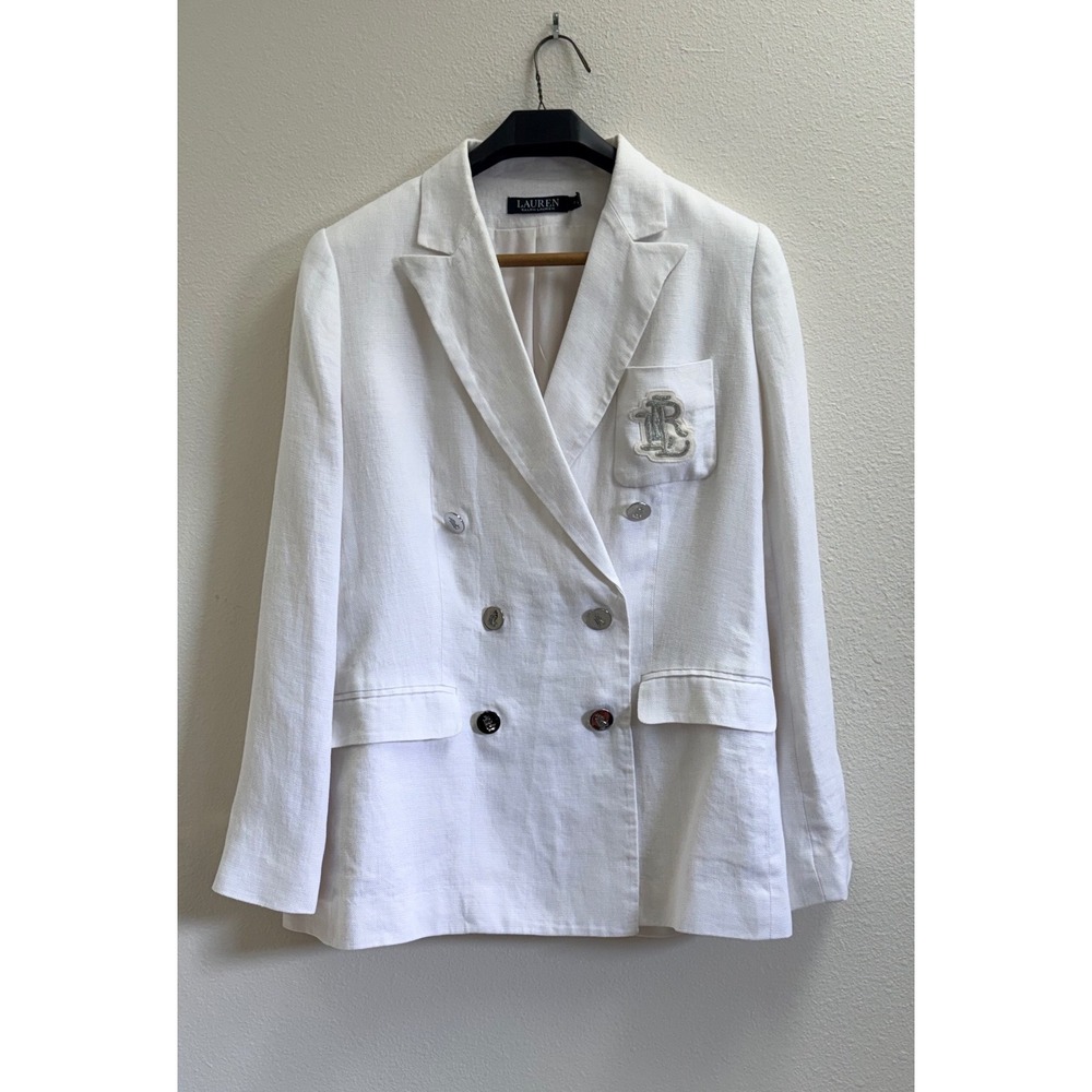 Lauren Ralph Lauren White Linen Double Breasted Crest Blazer Size 10